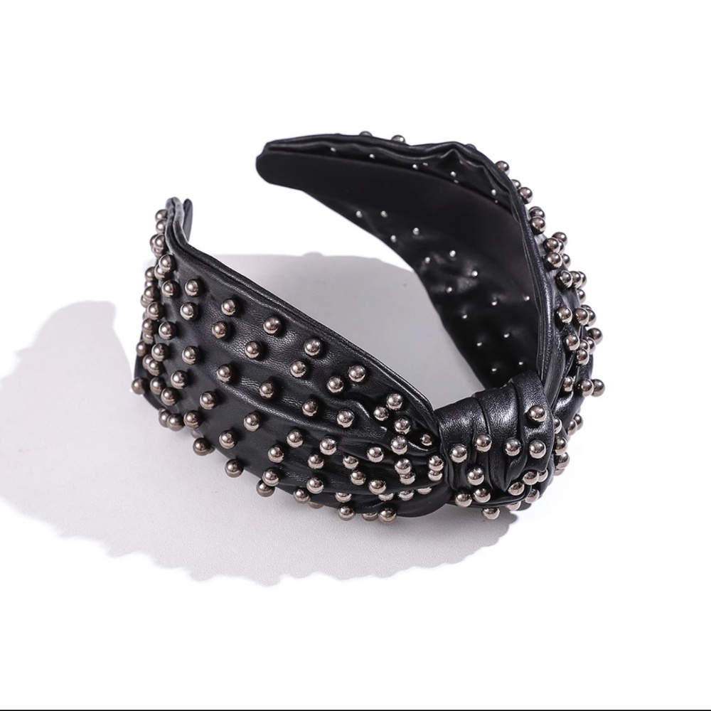 Black and silver Faux Leather pearl beaded knot headband